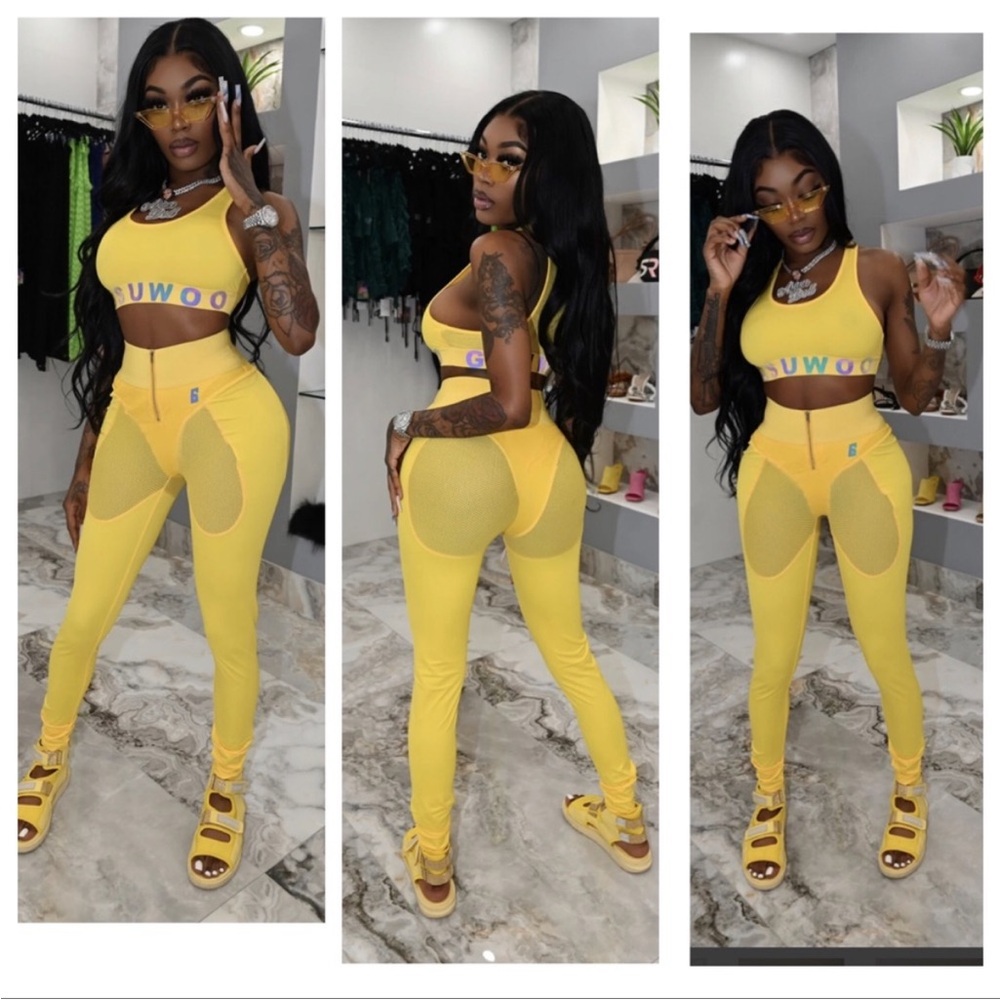 Bright Yellow High-Waisted Leggings see through print matching sports bra